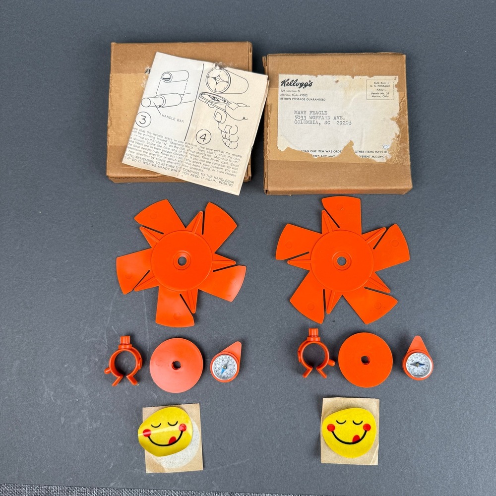 Vintage Kelloggs Cereal Premium Bike Spinner Compass Set of 2 Orange